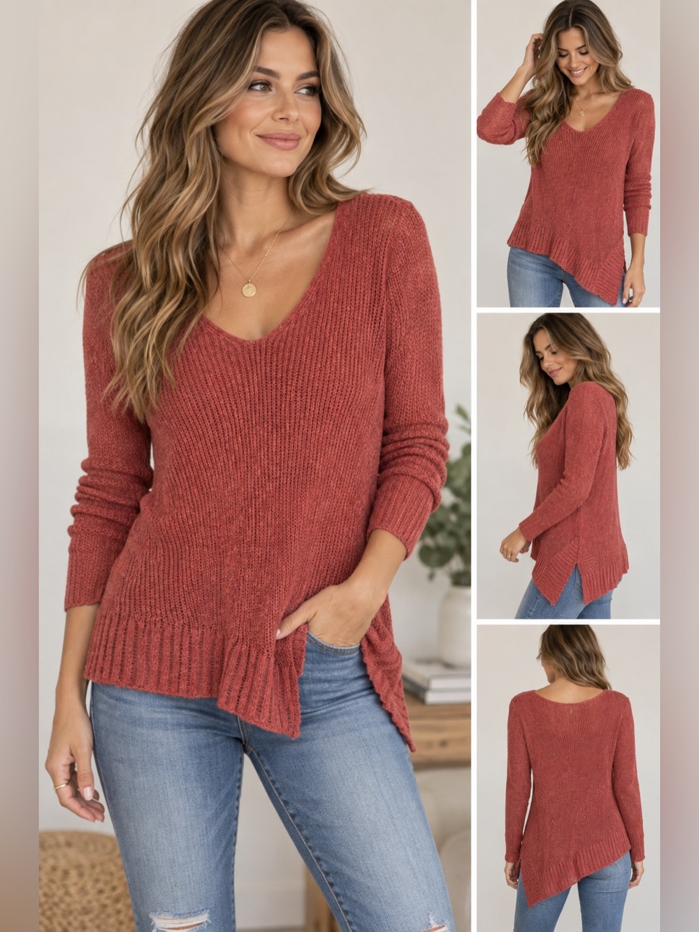 Eileen Fisher Coral Linen Open Knit Asymmetrical Tunic L Coastal Resortware
